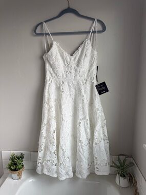 Lulu's White Lace Midi Dress with Spaghetti Straps